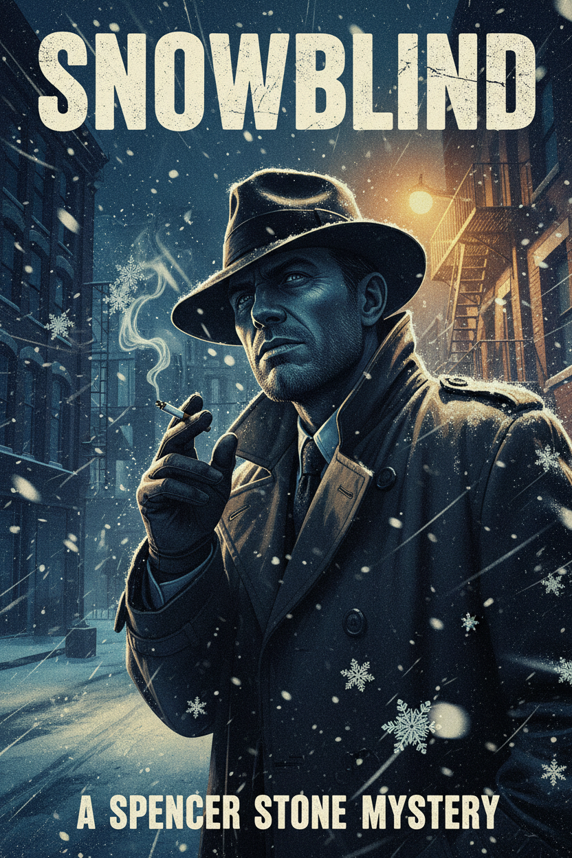 Spencer Hale detective in a blizzard, noir book cover for SNOWBLIND